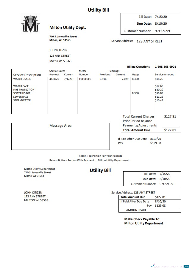 download USA Massachusetts Milton Utility Dept water utility bill template in Word and PDF format PDF template